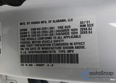 2021 Honda Passport Awd Sport from USA, damaged, VIN 5FNYF8H24MB019776